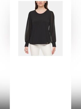 Calvin Klein Black Sheer-Sleeve Blouse